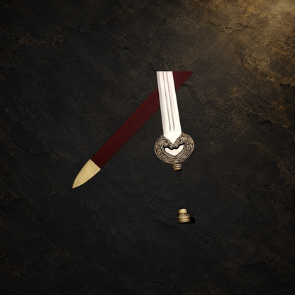 Rohan king display sword replica with scabbard, view 2 on charcoal slate background