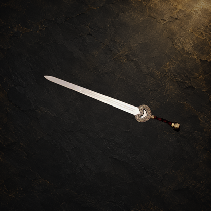 Rohan king display sword replica with scabbard, view 3 on charcoal slate background