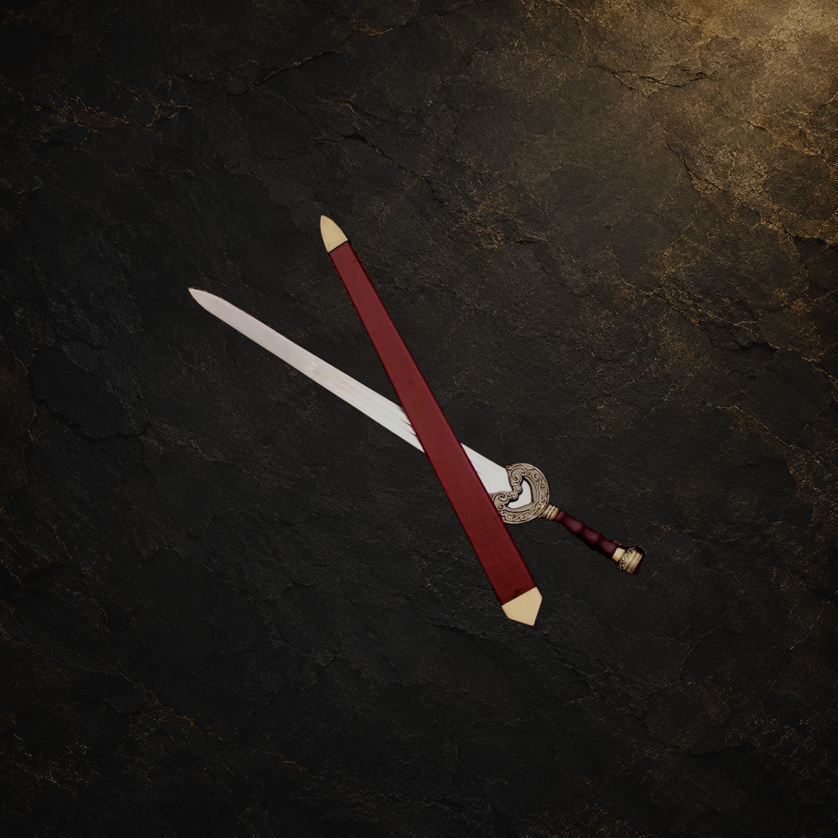 Rohan king display sword replica with scabbard, view 4 on charcoal slate background