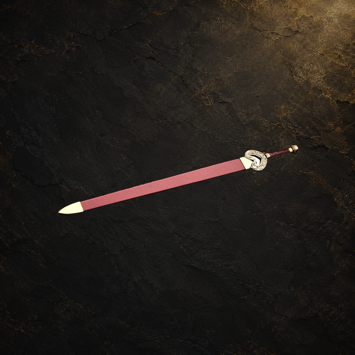 Rohan king display sword replica with scabbard, view 5 on charcoal slate background