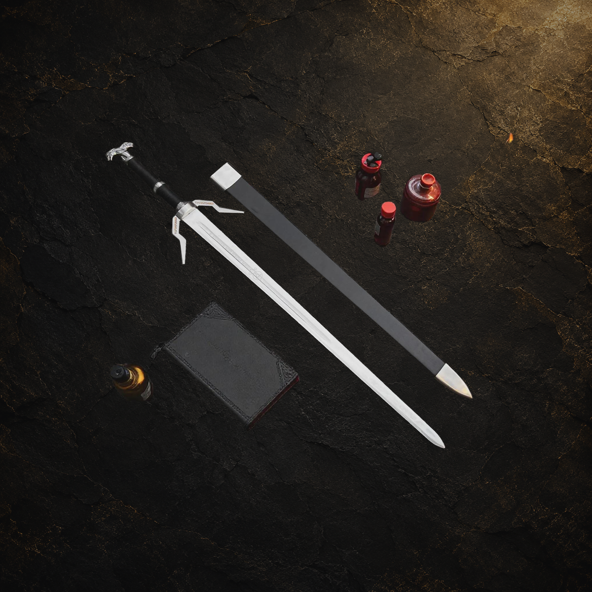 Witcher display sword replica and available variations, view 1 on charcoal slate background