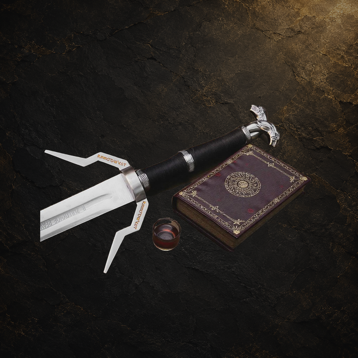 Witcher display sword replica and available variations, view 2 on charcoal slate background