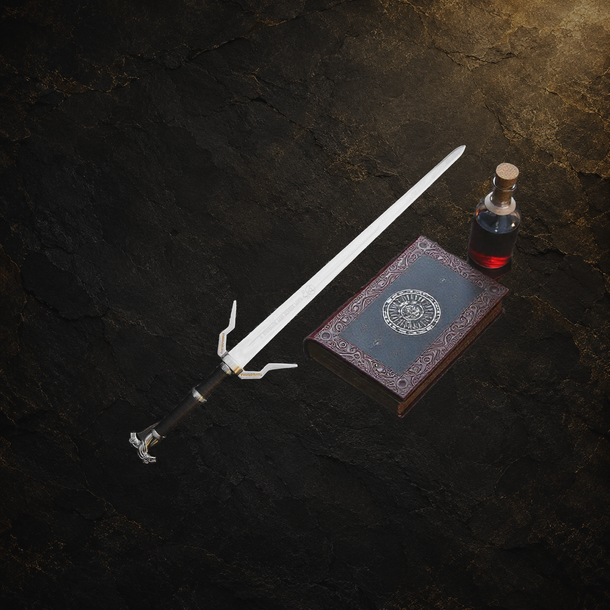 Witcher display sword replica and available variations, view 3 on charcoal slate background